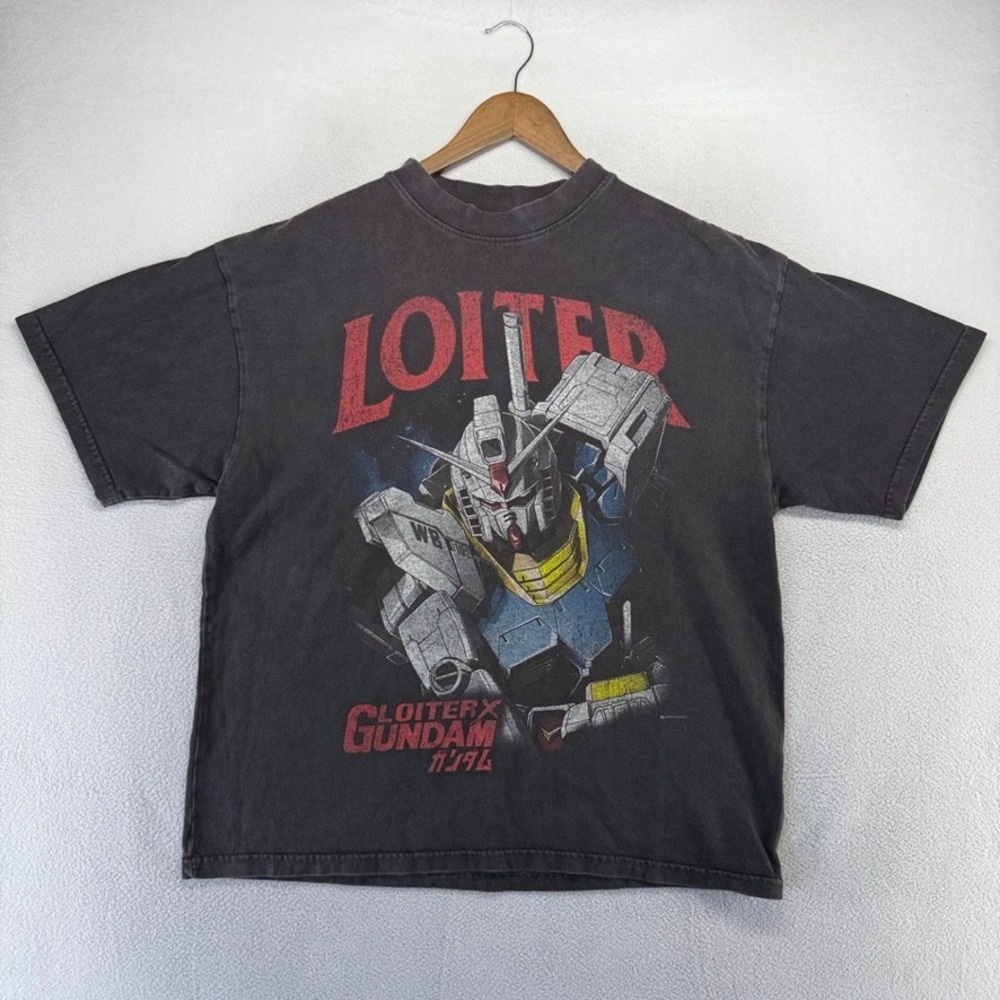 Loiter Shirt Mens Medium Black Gundam Graphic Anime Streetwear Cotton Faded